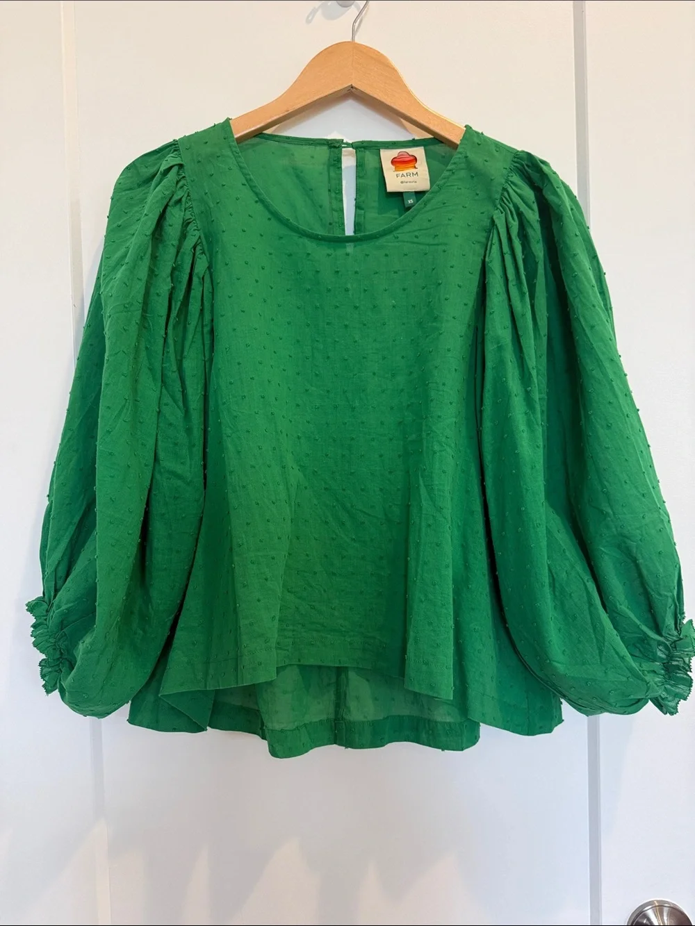 FARM Rio Emerald Green Puff-Sleeve Swiss Dot Blouse